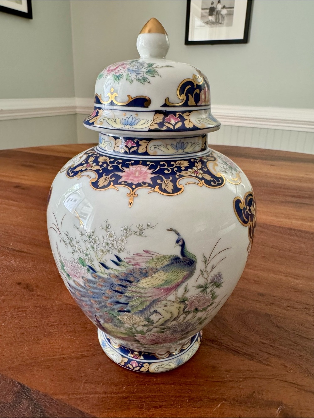 Vintage TOYO JAPAN Lidded Ginger Jar Vase Hand Painted Peacock & Lotus, Flowers